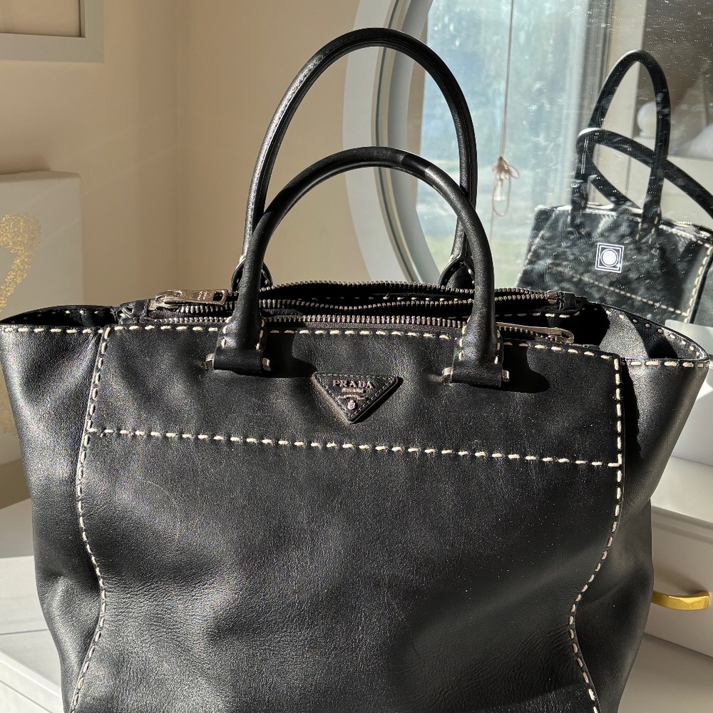 (Used) Authentic Prada Milano original City Calf Twin-Pocket Tote Bag in Black